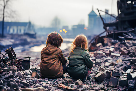 Children sit on the debris of destroyed and ruined houses 