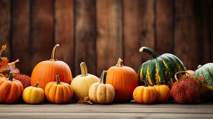 A row of pumpkins and gourds on a rustic wooden table