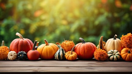 A row of pumpkins and gourds on a rustic wooden table