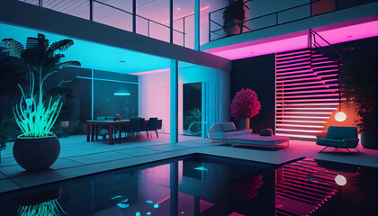 interior of a modern mansion with neon lights and a small swimming pool, Ai generated image