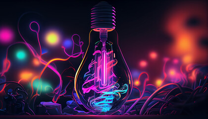 Light bulb with neon lights, abstract glowing background, digital illustration, Ai generated image
