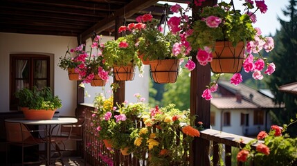 Fototapeta na wymiar Nicely decorated balcony in the house hanging flowerpot