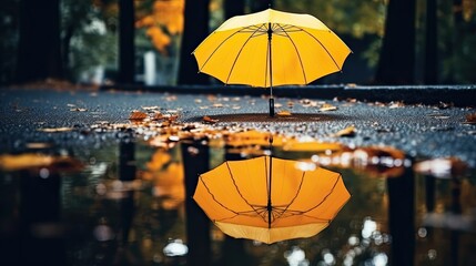 Reflection umbrella in puddle wet asphalt natural background