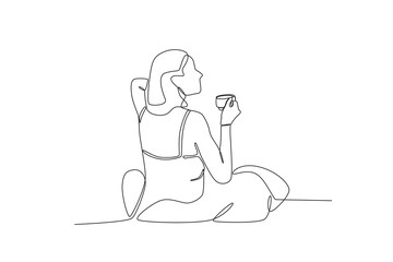 Back view of a woman enjoying her coffee. Morning activities one-line drawing