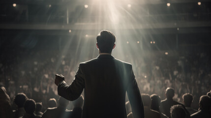 business man standing with his back. There was a spotlight shining on him. Showing leadership and motivation with a lot of people - obrazy, fototapety, plakaty