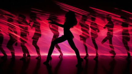 A silhouette of dancers against neon lights. Generative AI. 