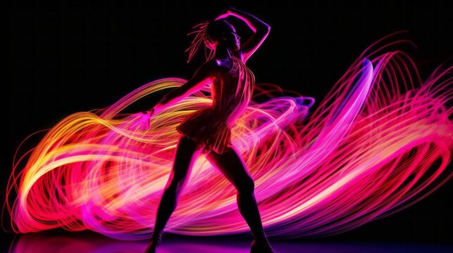 A silhouette of dancers against neon lights. Generative AI. 