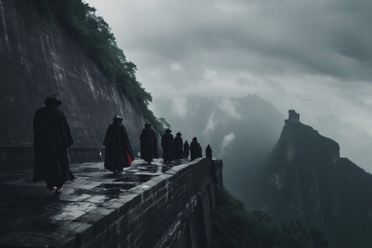 Monjes caminando en un templo en una tarde lluviosa