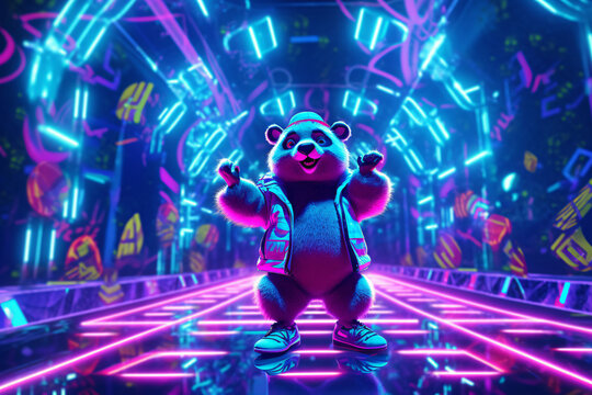 Oso panda bailando en un cuarto iluminado