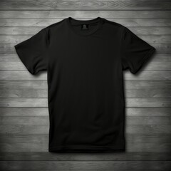 black t-shirt mock-up , flat lay on a dark wood background , aerial view , blank t-shirt template - obrazy, fototapety, plakaty