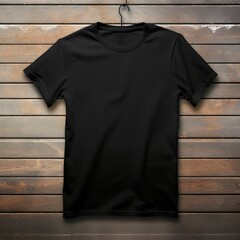 black t-shirt mock-up , on a hanger , flat lay , wood background , blank t-shirt template - obrazy, fototapety, plakaty