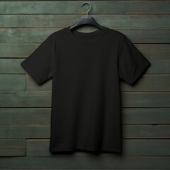 black t-shirt mock-up , on a hanger , flat lay , wood background , blank t-shirt template