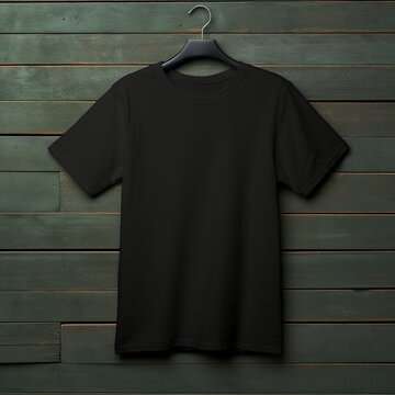 black t-shirt mock-up , on a hanger , flat lay , wood background , blank t-shirt template