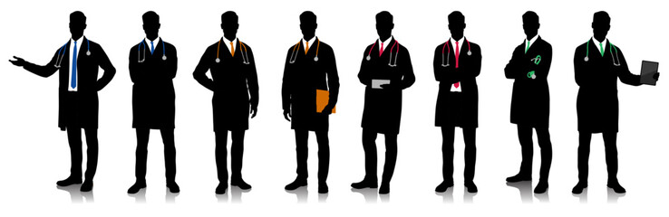 Silhouette of healthcare worker. Happy smiling doctor with a stethoscope. A doctor in a white coat poses. Different color options. Vector flat style illustration set isolated on white	