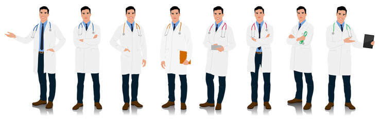 Hand-drawn healthcare worker. Happy smiling doctor with a stethoscope. A doctor in a white coat poses. Different color options. Vector flat style illustration set isolated on white	