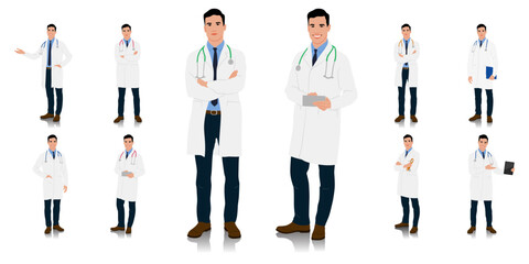 Hand-drawn healthcare worker. Happy smiling doctor with a stethoscope. A doctor in a white coat poses. Different color options. Vector flat style illustration set isolated on white	