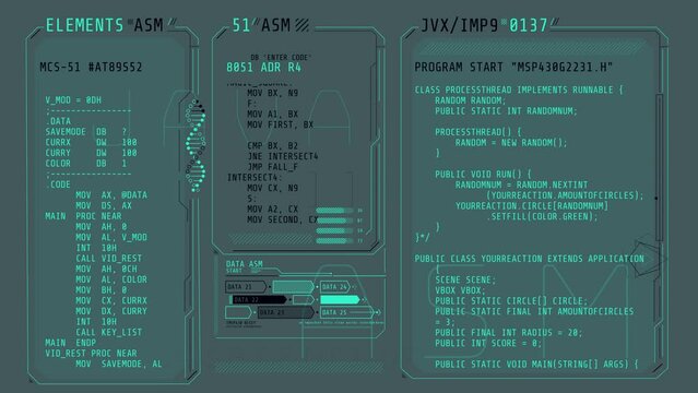 Animated poster of HUD interface with coding elements.