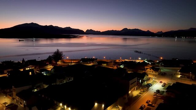 Sunrise City Of Puerto Natales In Ultima Esperanza Chile. Nature Landscape. Travel Background. Ultima Esperanza Chile. Downtown Cityscape. Sunrise City At Puerto Natales In Ultima Esperanza Chile.