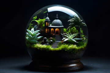 ai generated terrarium with temple, and church