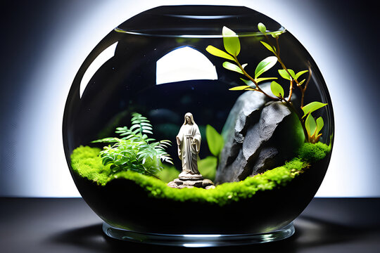 ai generated terrarium art with jesus staue 