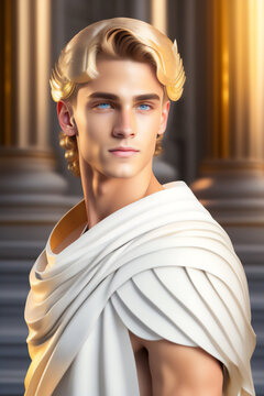 A handsome blond teenager in his toga of the Roman emperor. Generative AI_9.