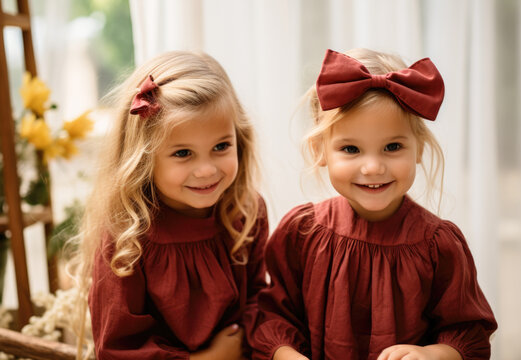 Two girls in burgundy with bows, smiling