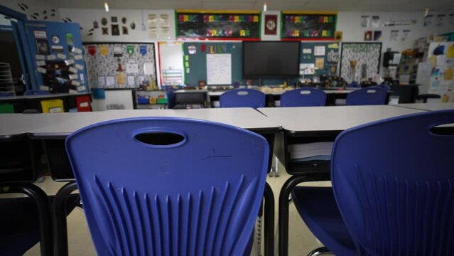 Turning motion to the right of small empty chairs and desks in an elementary school classroom.