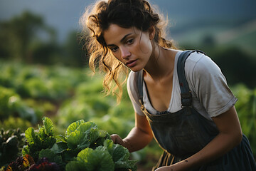 A young woman farmer checking her lettuce field - obrazy, fototapety, plakaty