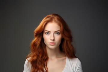 Beautiful young woman with long wavy red hair, smiling, dressed casually, looking at the camera. A good-looking beautiful woman isolated on a blank grey wall.
