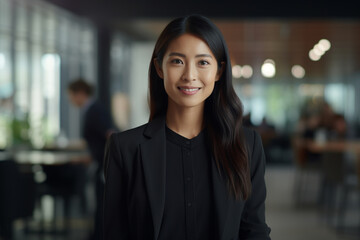 Portrait of a smiling Asian businesswoman standing and looking at the camera in a blurred office at a team meeting background. Generated with AI.