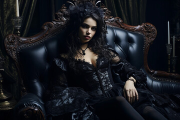 Portrait of a beautiful woman in black lace dress sitting in an armchair - obrazy, fototapety, plakaty