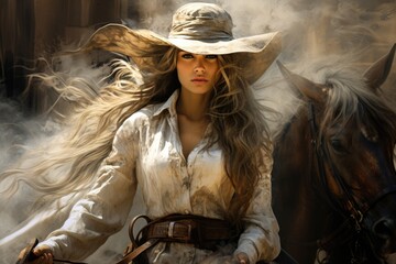 Cowgirl, Attractive girl rider , ranch, riding a horse, pasture, headdress hat, Texas clothes shepherd, female .