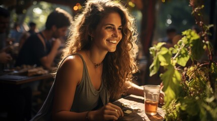 modern women enjoying her drinks in a luxury outdoor restaurant