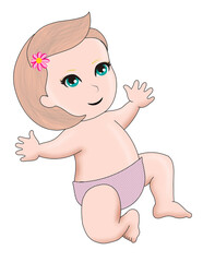 Baby girl asking to hug Sticker t-shirt cloth mug design Baby illustration child with eyes character cute little kid in diaper happy childhood small little vector babies newborn