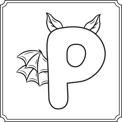 Halloween English Alphabet letter P cute bat theme sketch for coloring