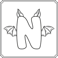 Halloween English Alphabet letter N cute bat theme sketch for coloring