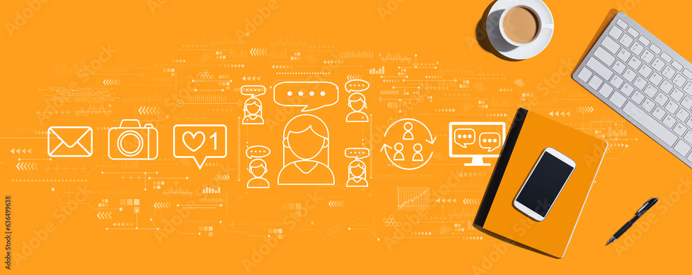 Poster social media theme with a computer keyboard and office items