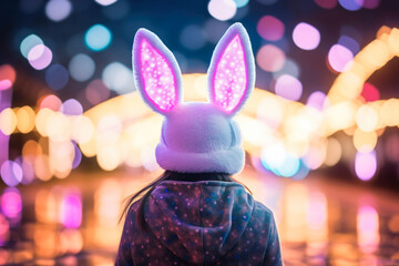 Fototapeta premium Back view of kid wearing toy bunny ears, bokeh