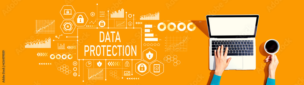 Poster data protection theme with person using a laptop computer
