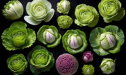 Obraz premium Various types and colors of cabbages on a dark background