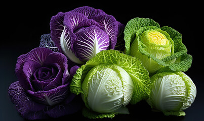Obraz premium Various types and colors of cabbages on a dark background