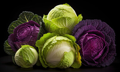 Various types and colors of cabbages on a dark background