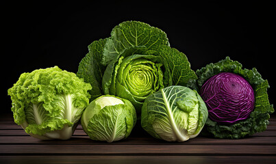 Various types and colors of cabbages on a dark background