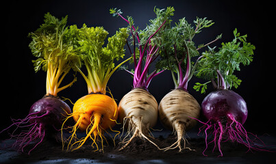 Colorful root vegetables on dark background.