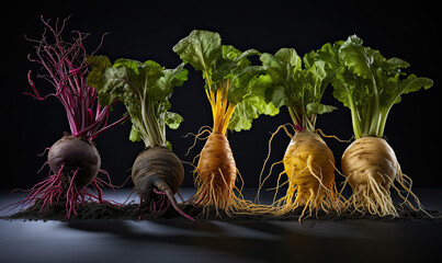 Colorful root vegetables on dark background.