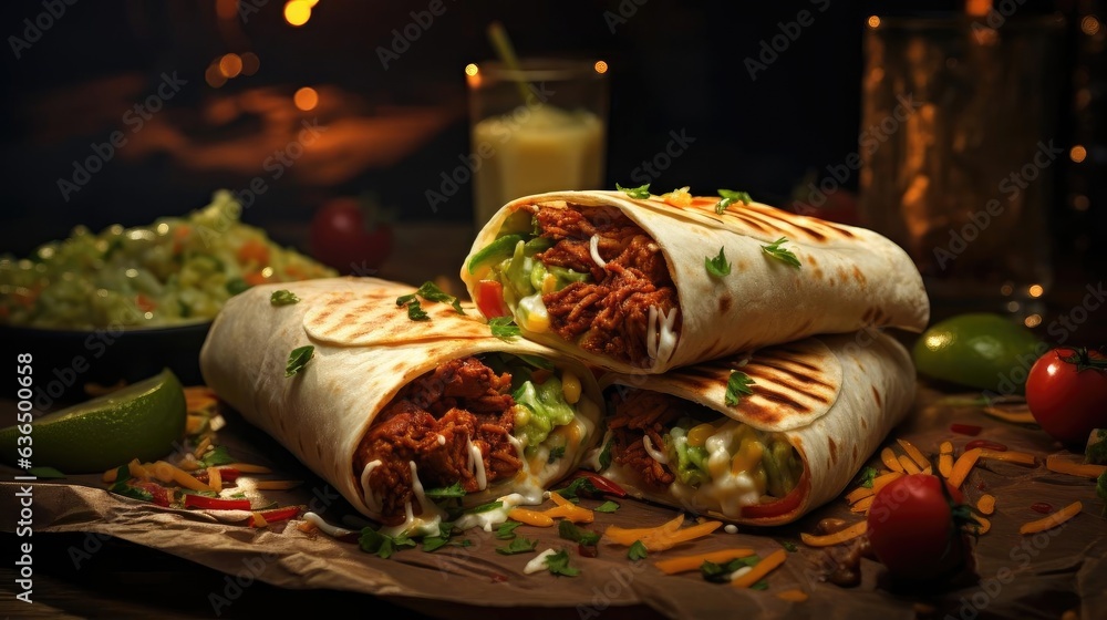 Poster full of burritos with vegetables and meat on a wooden table with blurred background - Posters