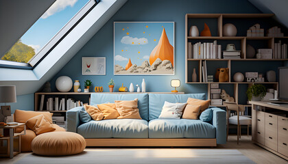 Interior of modern children's room with toy and furniture, playroom, kids room blue theme for house advertising and background