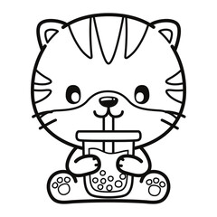 Kwaii Tiger, Cute Animal. Black and white vector illustration for coloring book