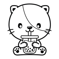 Kwaii Cat, Cute Animal. Black and white vector illustration for coloring book