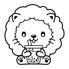 Kwaii Lion, Cute Animal. Black and white vector illustration for coloring book